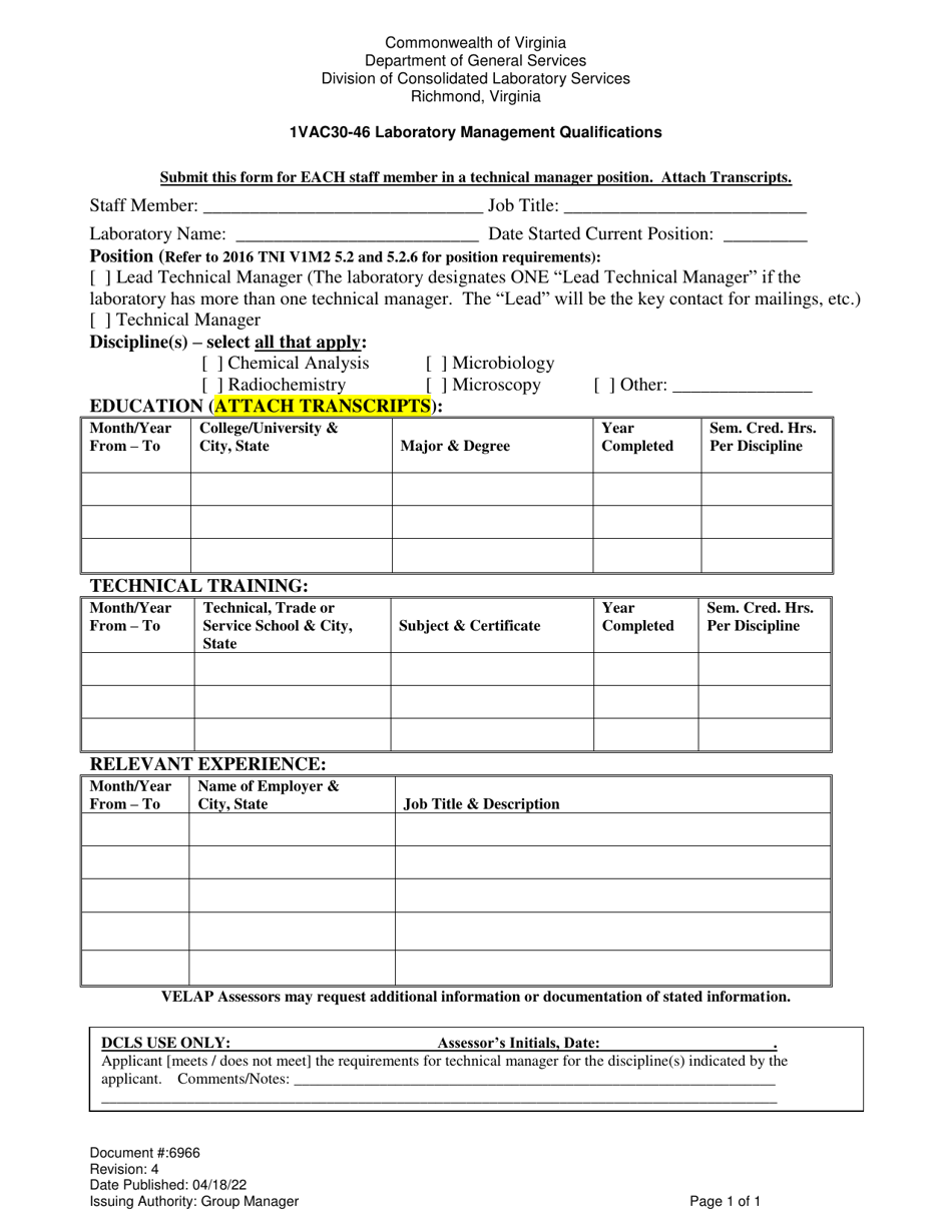 Form 6966 1vac30-46 Laboratory Management Qualifications - Virginia, Page 1
