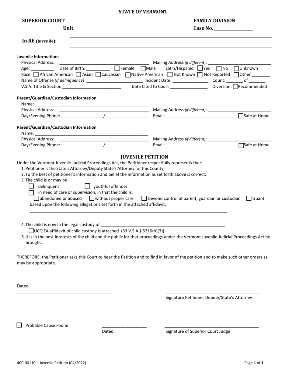 Form 400-00110 Juvenile Petition - Vermont, Page 1