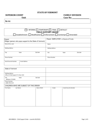 Form 400-00802JV Child Support Order - Vermont