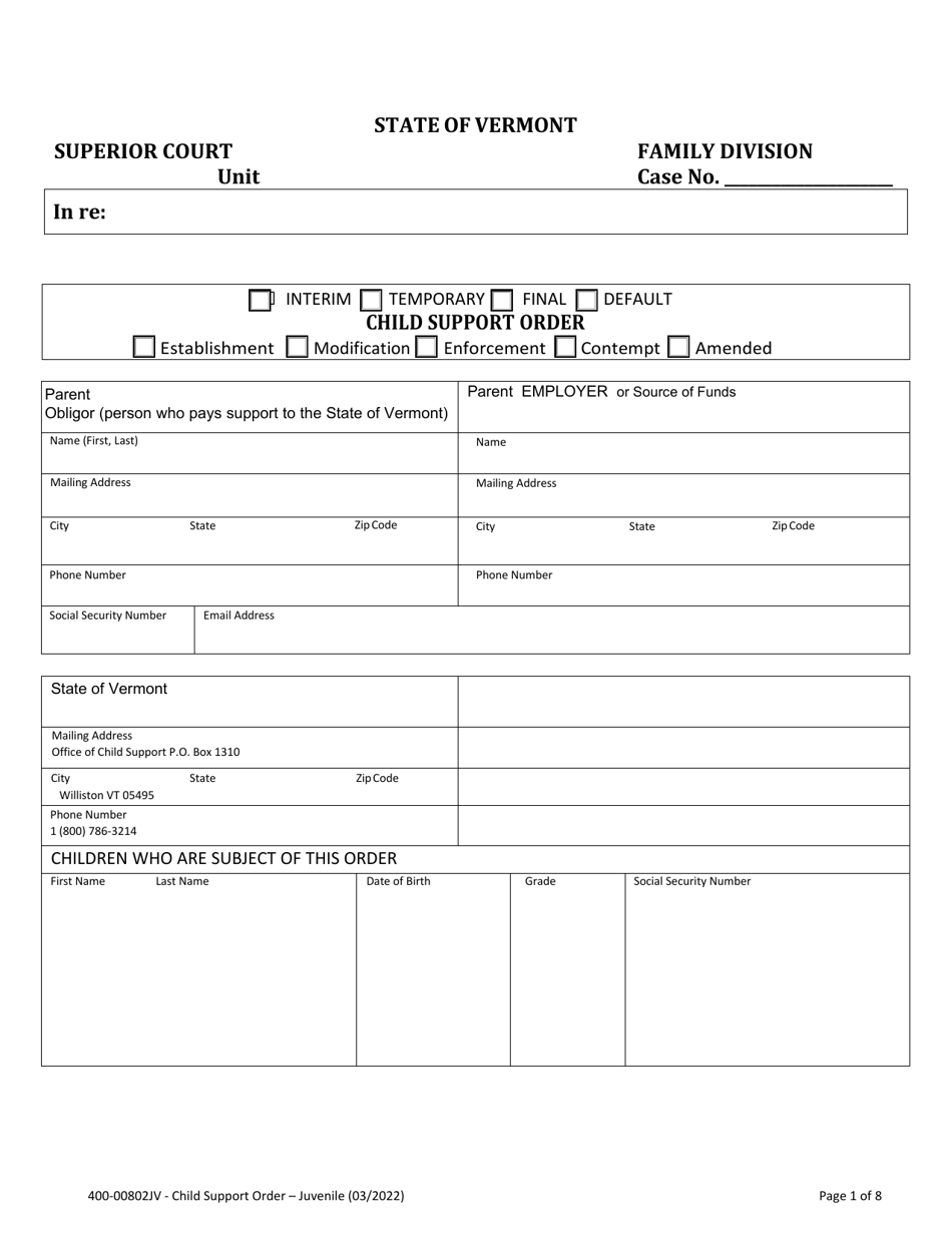 Form 400-00802JV Child Support Order - Vermont, Page 1