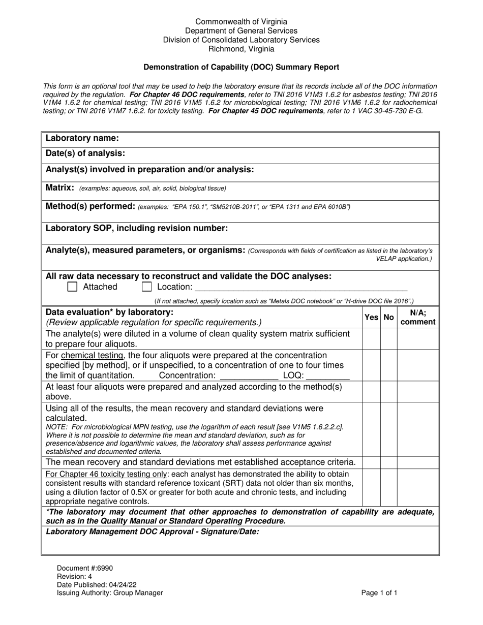Form 6990 Demonstration of Capability (Doc) Summary Report - Virginia, Page 1