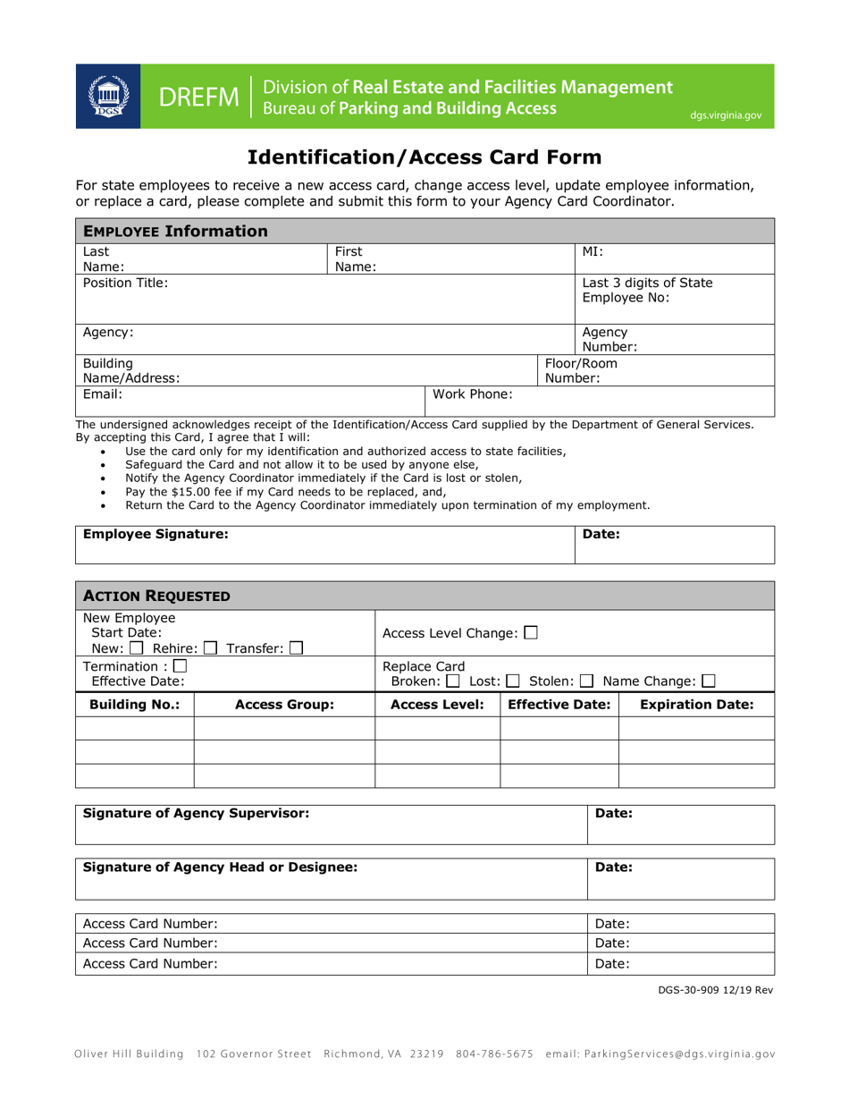 Form DGS-30-909 Identification / Access Card Form - Virginia, Page 1