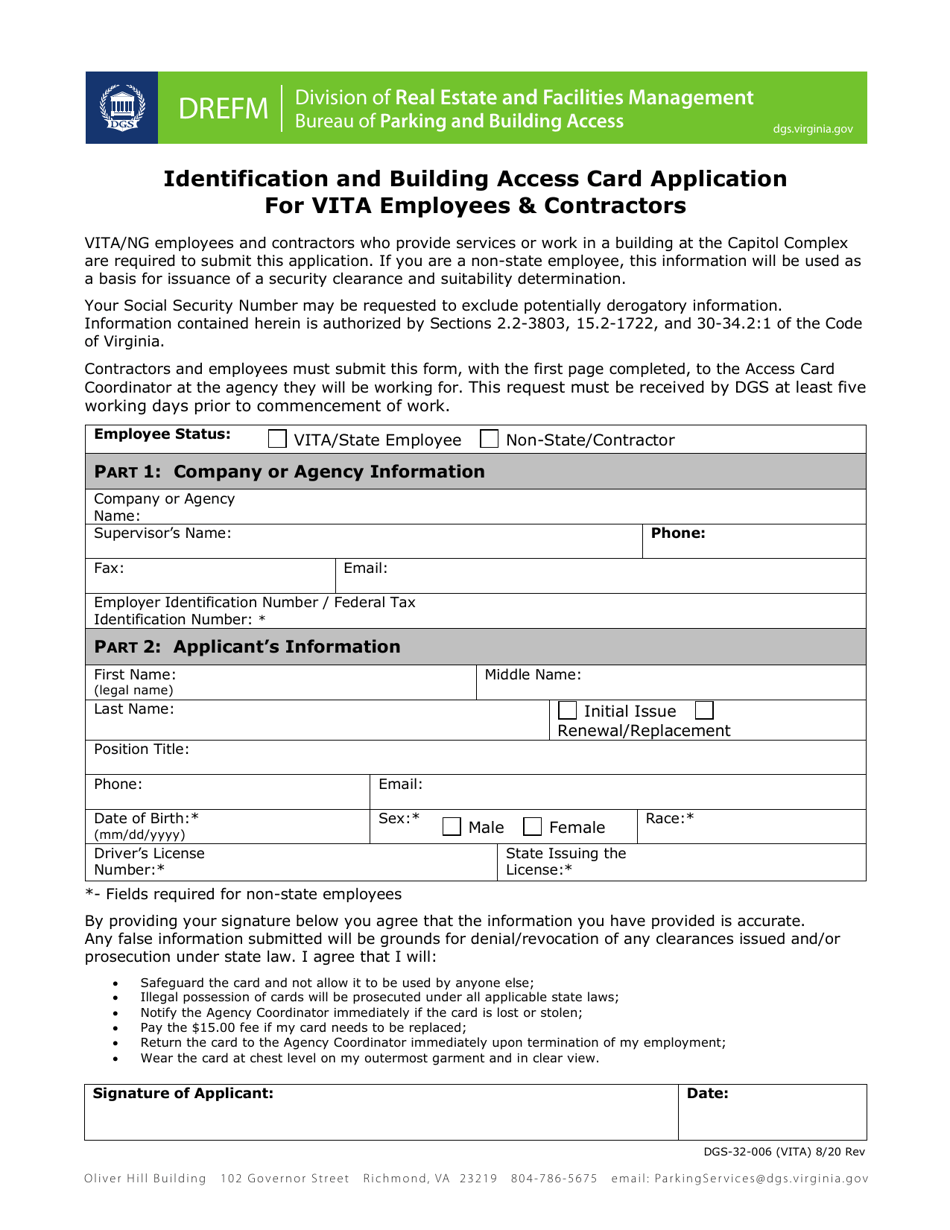 Form DGS-32-006 Identification and Building Access Card Application for Vita Employees  Contractors - Virginia, Page 1