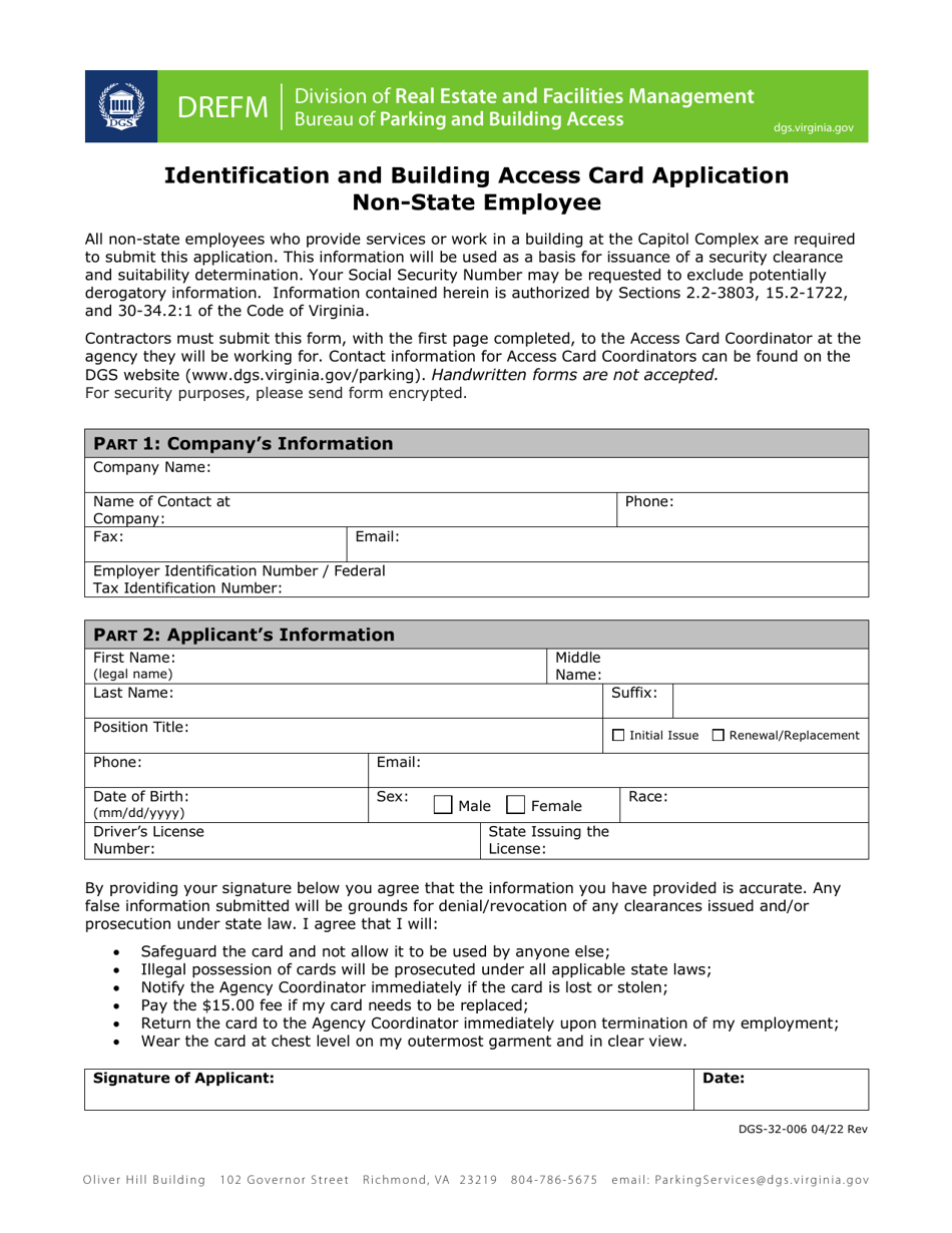 Form DGS-32-006 Identification and Building Access Card Application Non-state Employee - Virginia, Page 1