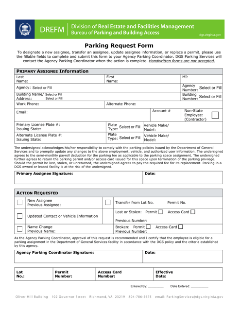 Form DGS-32-001 Parking Request Form - Virginia