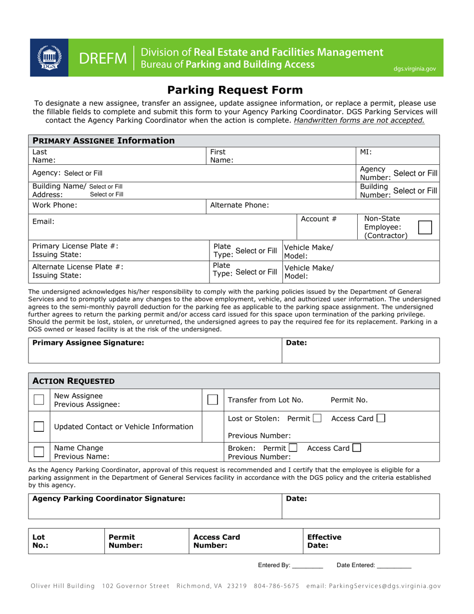 Form DGS-32-001 Parking Request Form - Virginia, Page 1