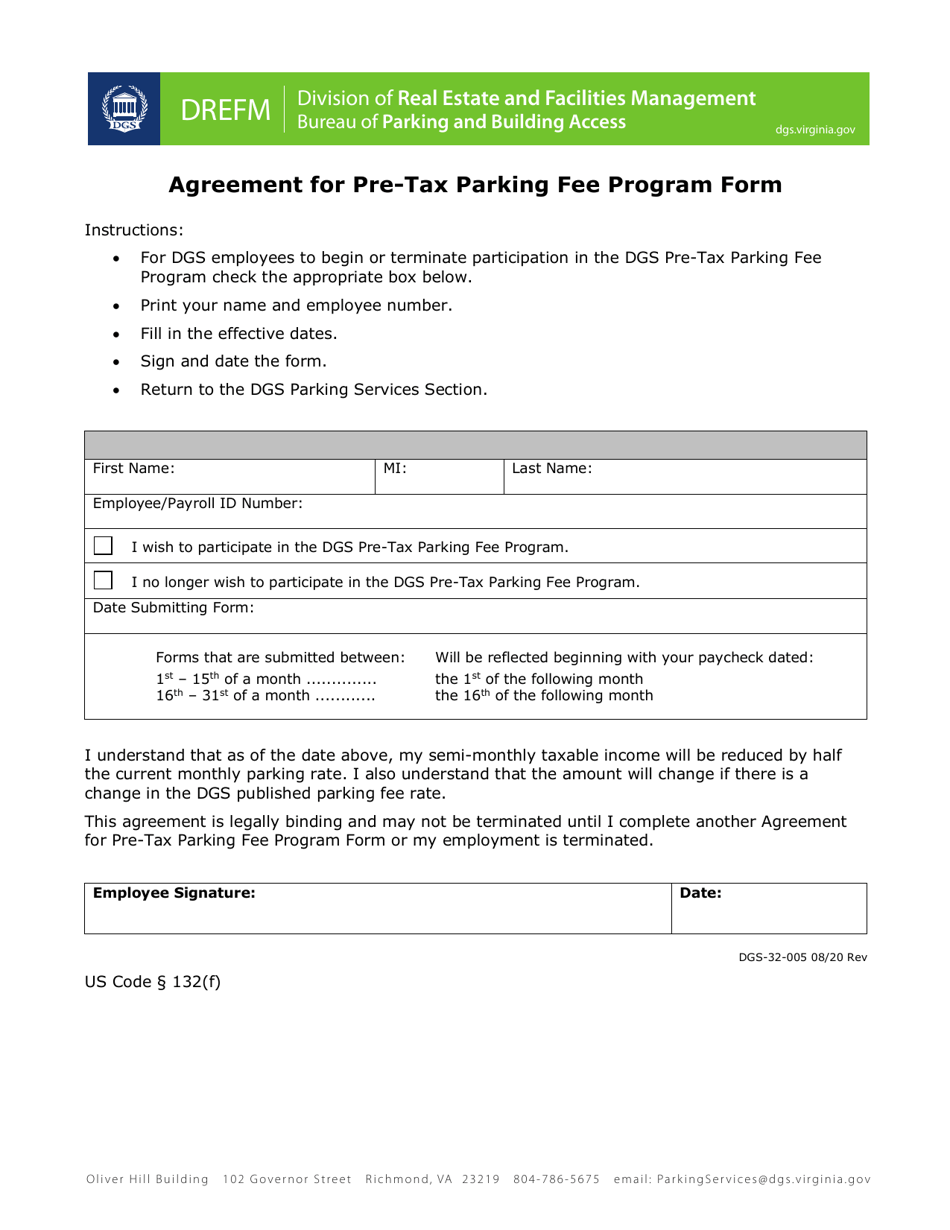 Form DGS-32-005 Agreement for Pre-tax Parking Fee Program Form - Virginia, Page 1