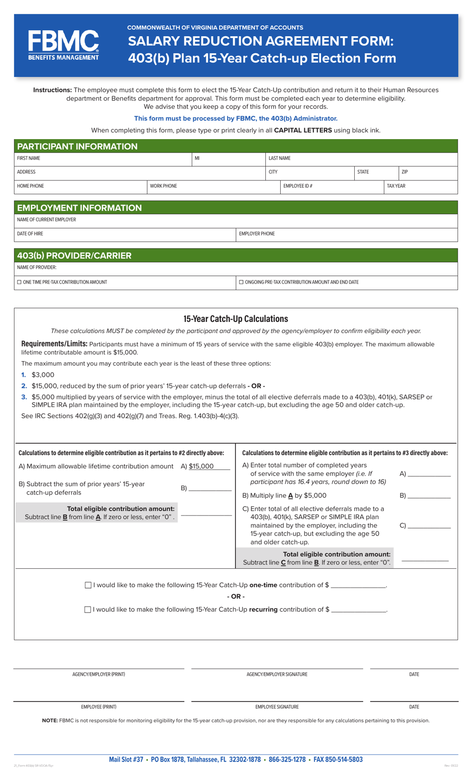 Salary Reduction Agreement Form: Plan 15-year Catch-Up Election Form - Virginia, Page 1