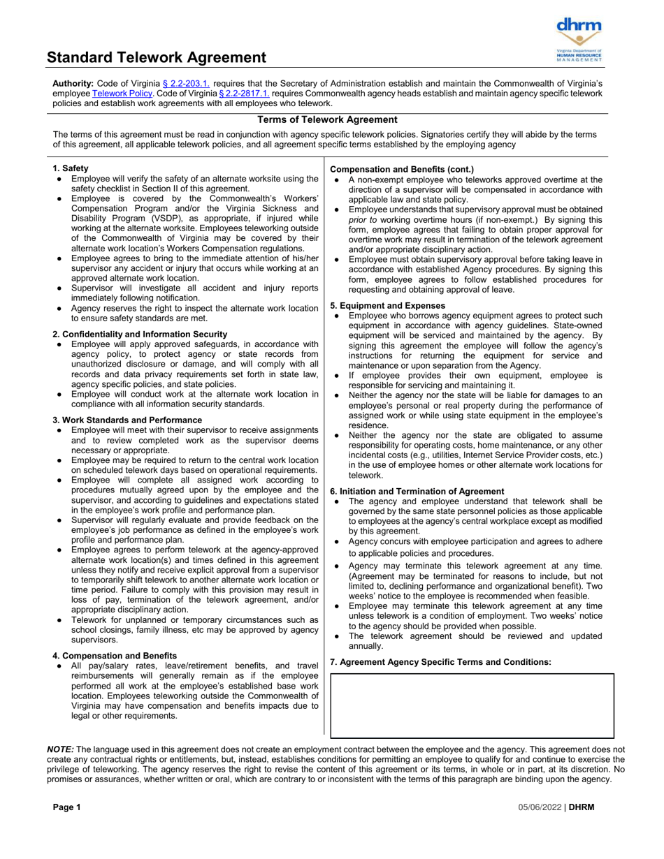 Standard Telework Agreement - Virginia, Page 1