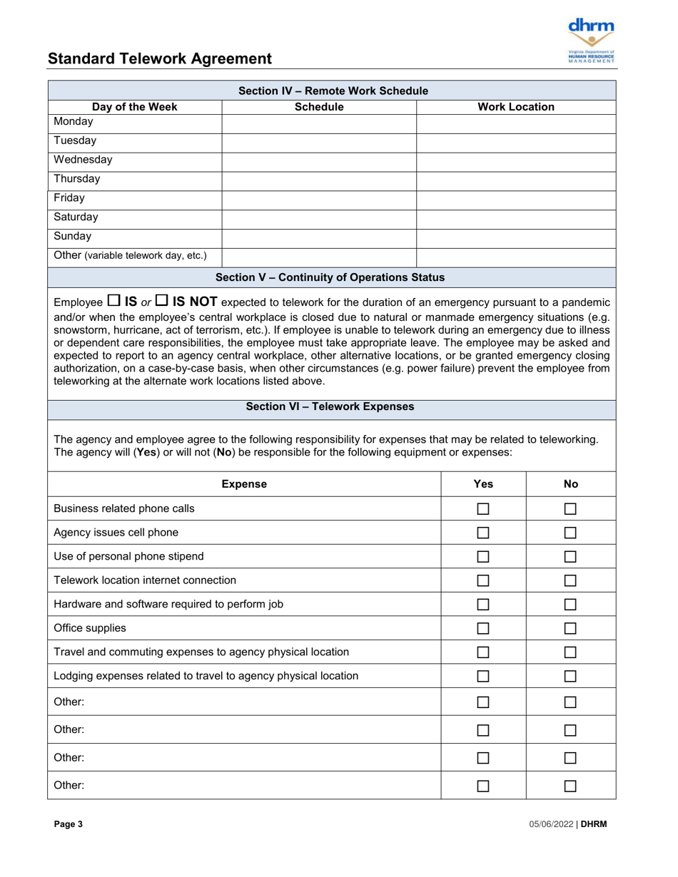 Virginia Standard Telework Agreement Fill Out Sign Online And Download Pdf Templateroller 1115