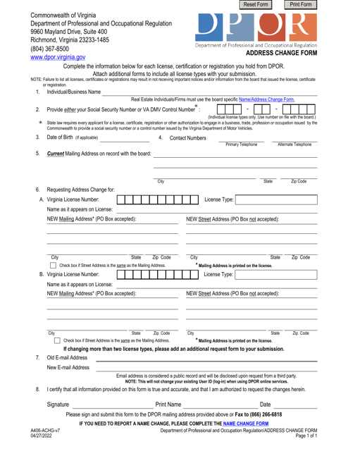 Form A406-ACHG Address Change Form - Virginia