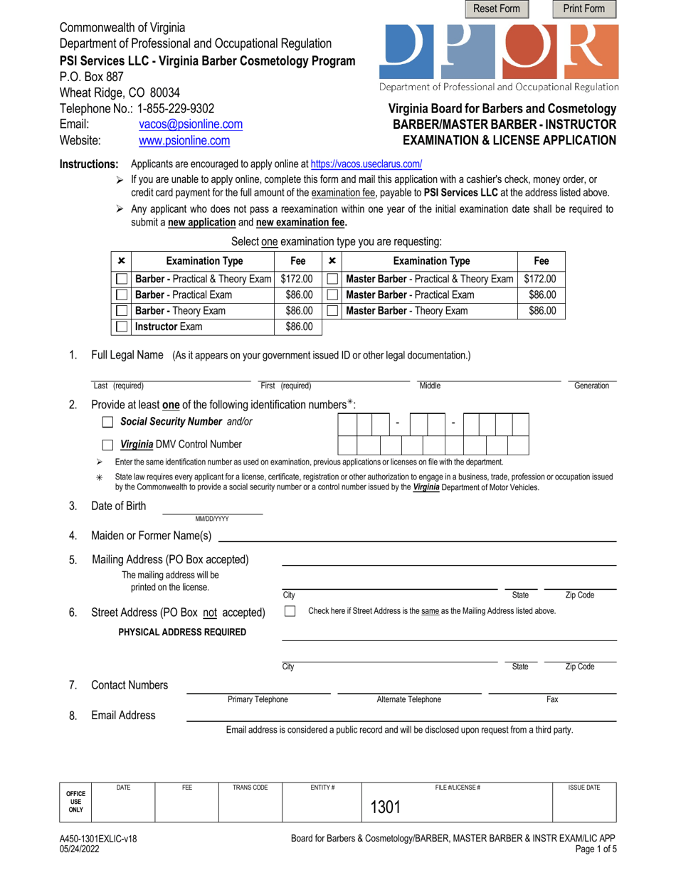 Form A450-1301EXLIC Barber / Master Barber - Instructor Examination  License Application - Virginia, Page 1