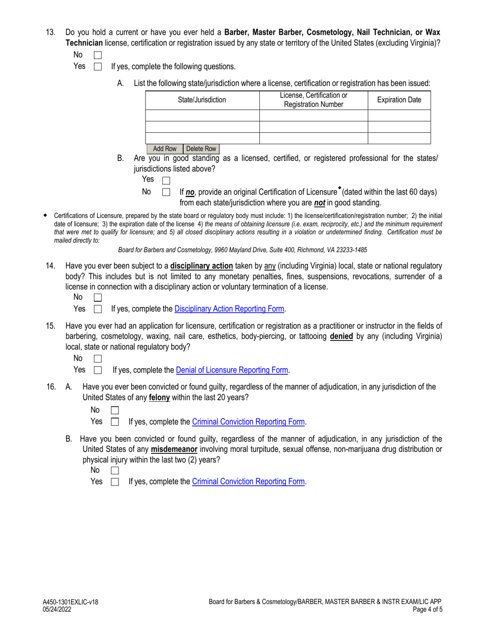 Form A450-1301EXLIC Barber / Master Barber - Instructor Examination  License Application - Virginia, Page 4