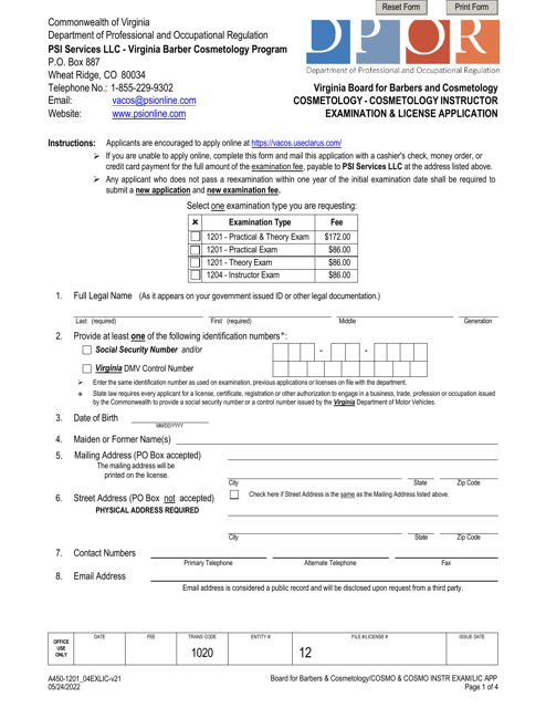Form A450-1201_04EXLIC Cosmetology - Cosmetology Instructor Examination & License Application - Virginia