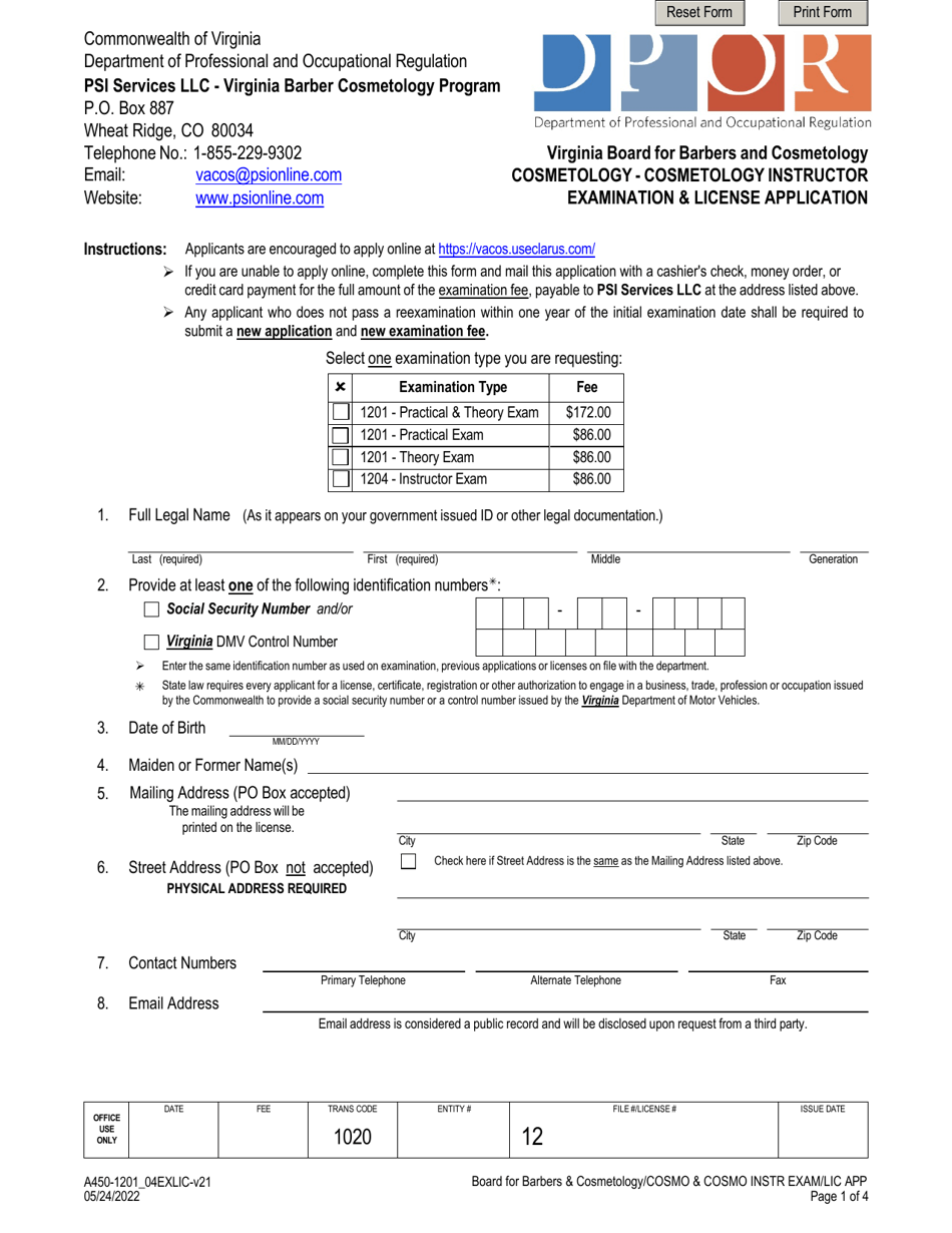Form A450-1201_04EXLIC Cosmetology - Cosmetology Instructor Examination  License Application - Virginia, Page 1