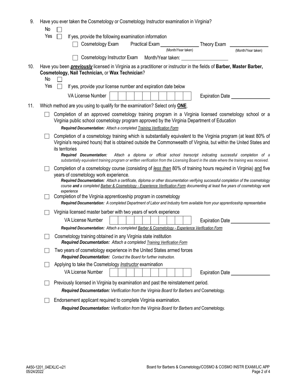 Form A450-1201_04EXLIC Cosmetology - Cosmetology Instructor Examination  License Application - Virginia, Page 2