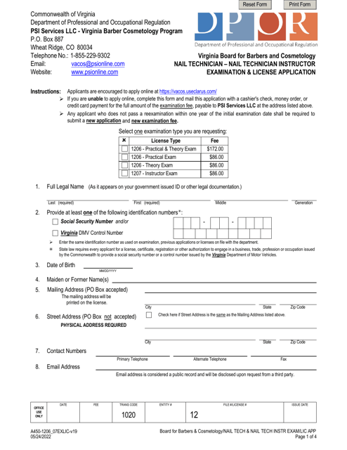 Form A450-1206_07EXLIC Nail Technician - Nail Technician Instructor Examination & License Application - Virginia