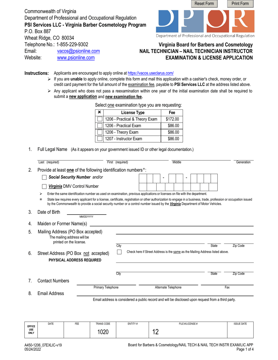 Form A450-1206_07EXLIC Nail Technician - Nail Technician Instructor Examination  License Application - Virginia, Page 1
