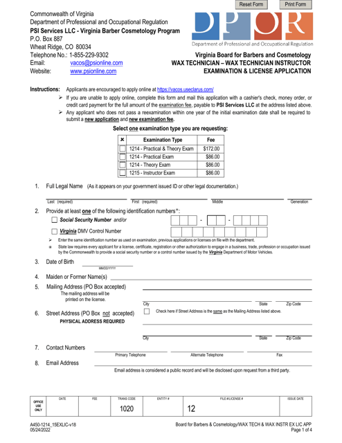 Form A450-1214_15EXLIC Wax Technician - Wax Technician Instructor Examination & License Application - Virginia