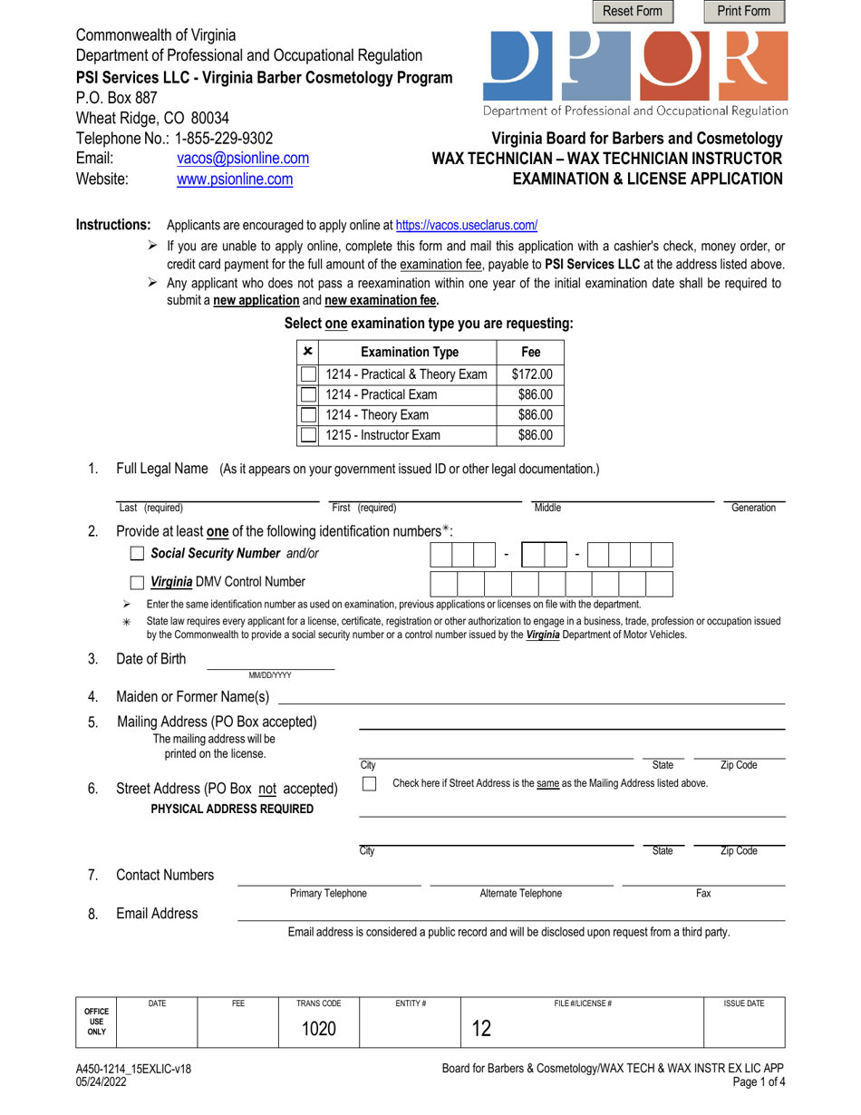 Form A450-1214_15EXLIC Wax Technician - Wax Technician Instructor Examination  License Application - Virginia, Page 1