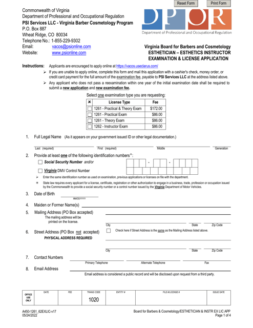 Form A450-1261_62EXLIC Esthetician - Esthetics Instructor Examination & License Application - Virginia