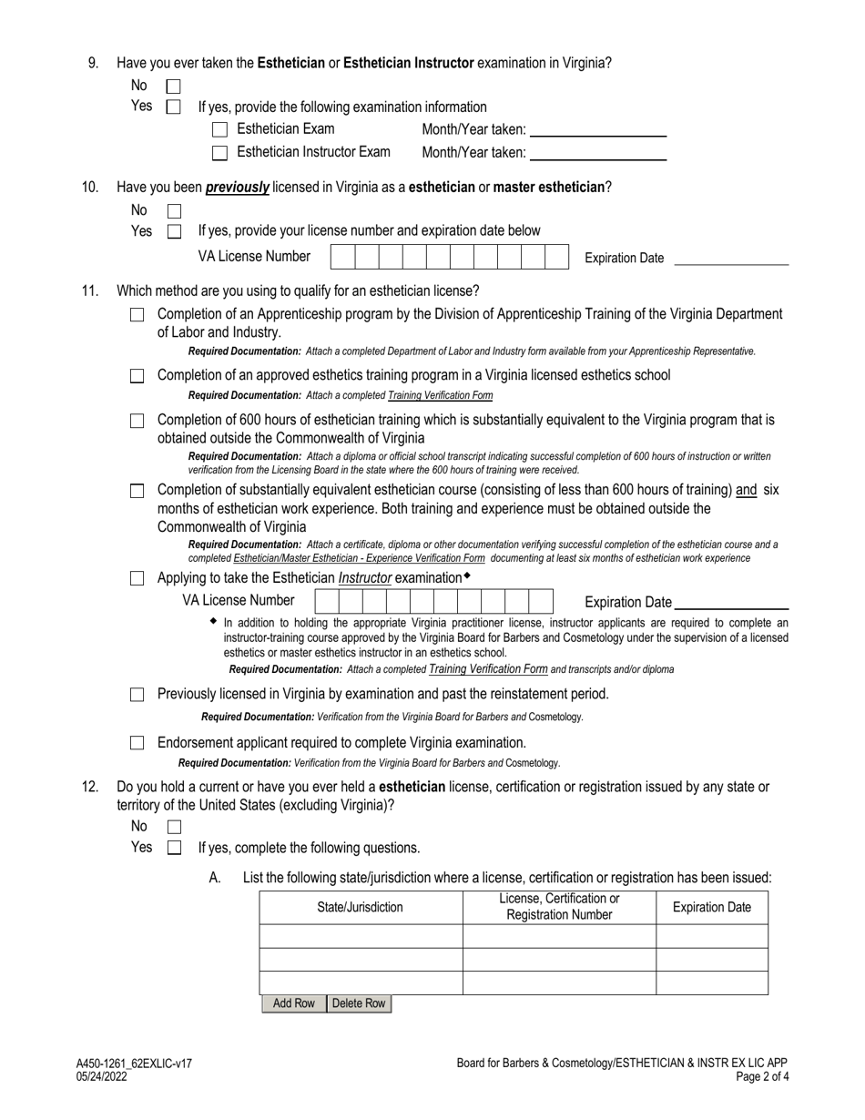 Form A450-1261_62EXLIC Esthetician - Esthetics Instructor Examination  License Application - Virginia, Page 2