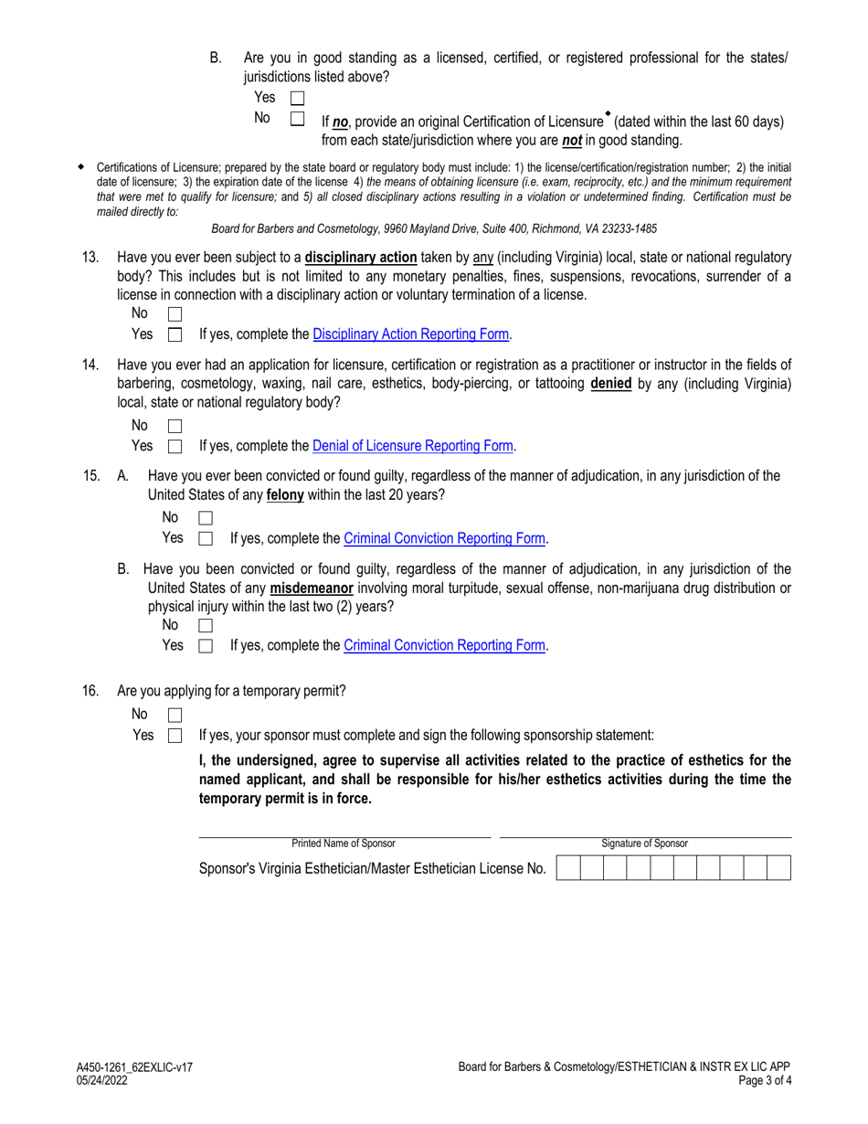 Form A450-1261_62EXLIC Esthetician - Esthetics Instructor Examination  License Application - Virginia, Page 3