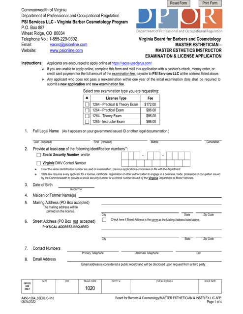 Form A450-1264_65EXLIC Master Esthetician - Master Esthetics Instructor Examination & License Application - Virginia