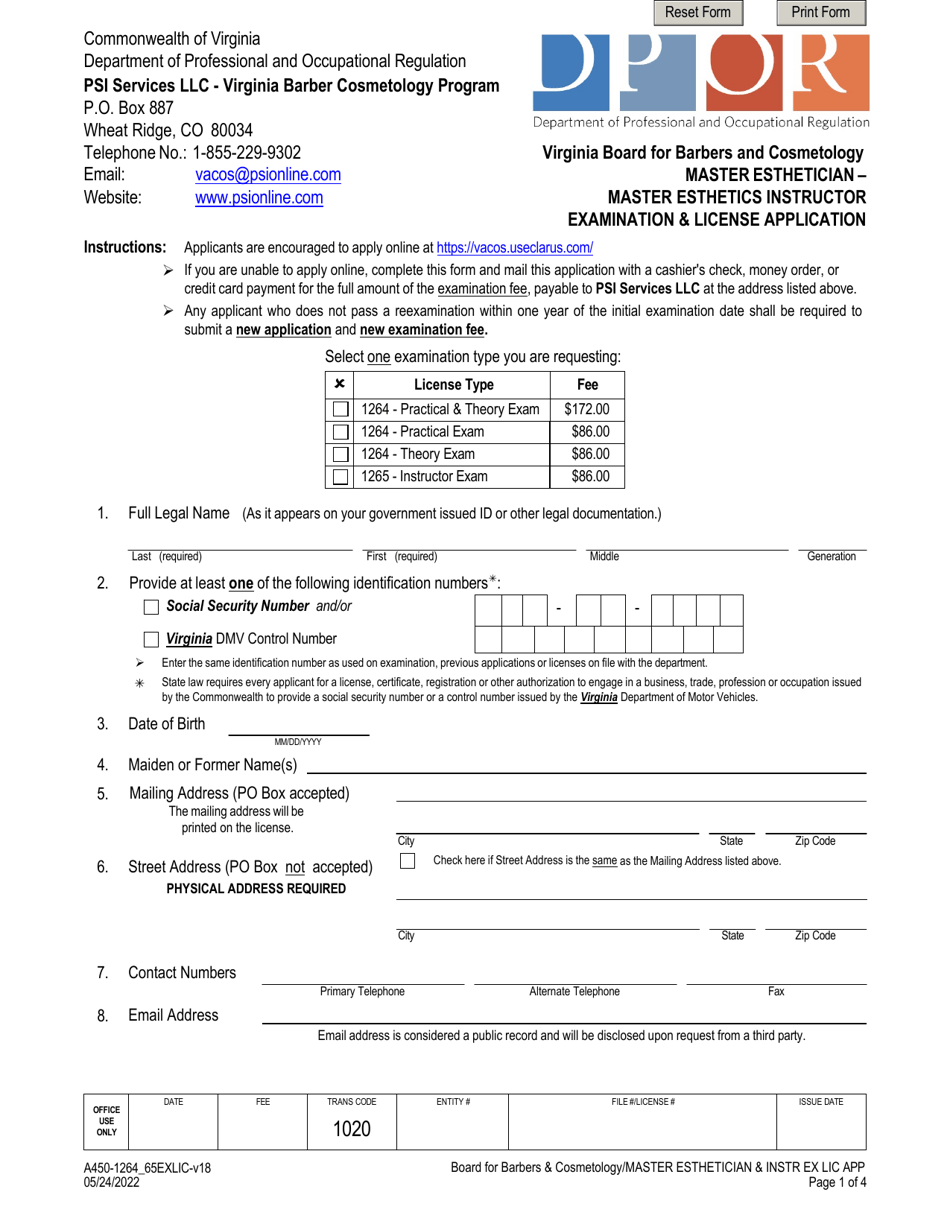 Form A450-1264_65EXLIC Master Esthetician - Master Esthetics Instructor Examination  License Application - Virginia, Page 1