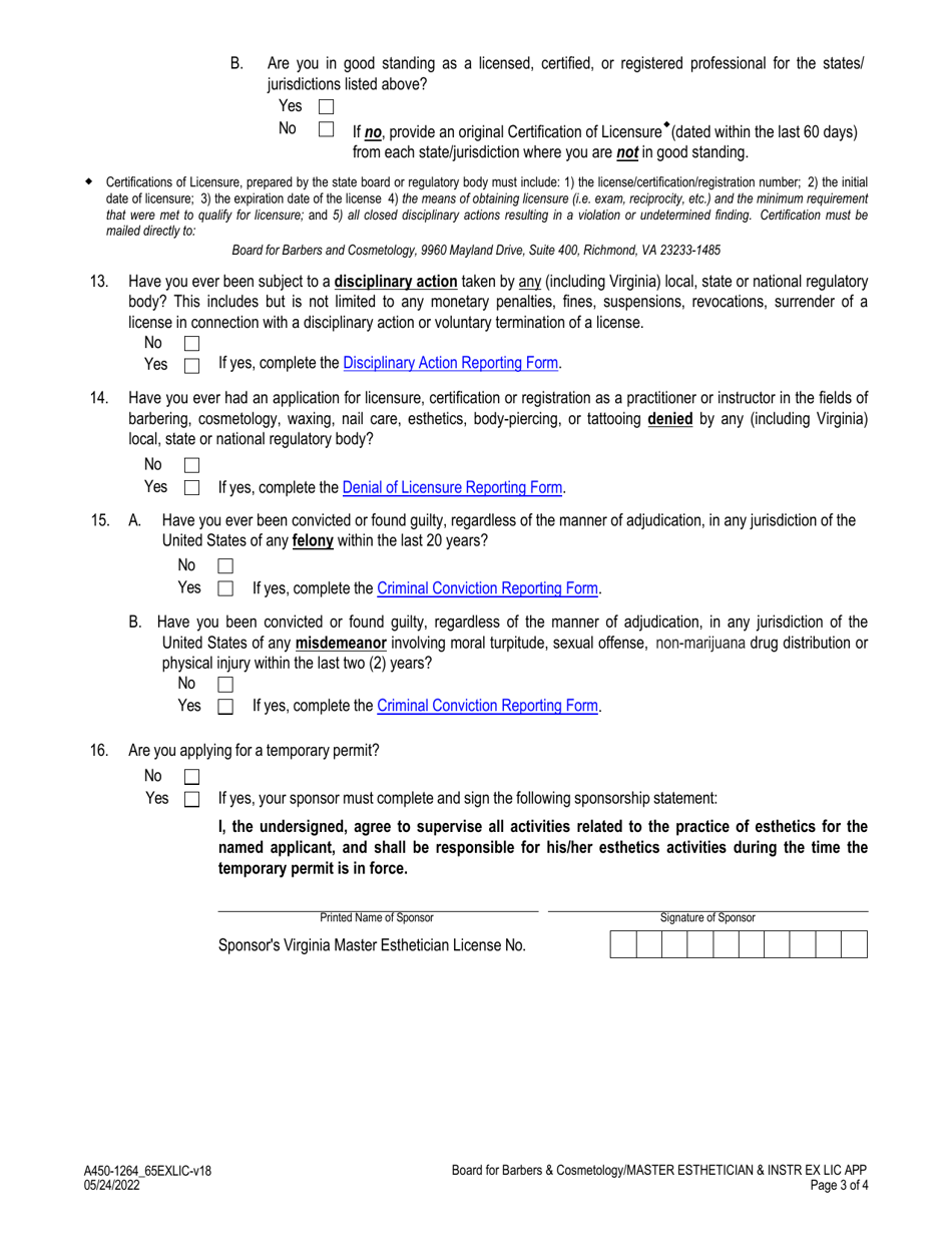 Form A450-1264_65EXLIC Master Esthetician - Master Esthetics Instructor Examination  License Application - Virginia, Page 3