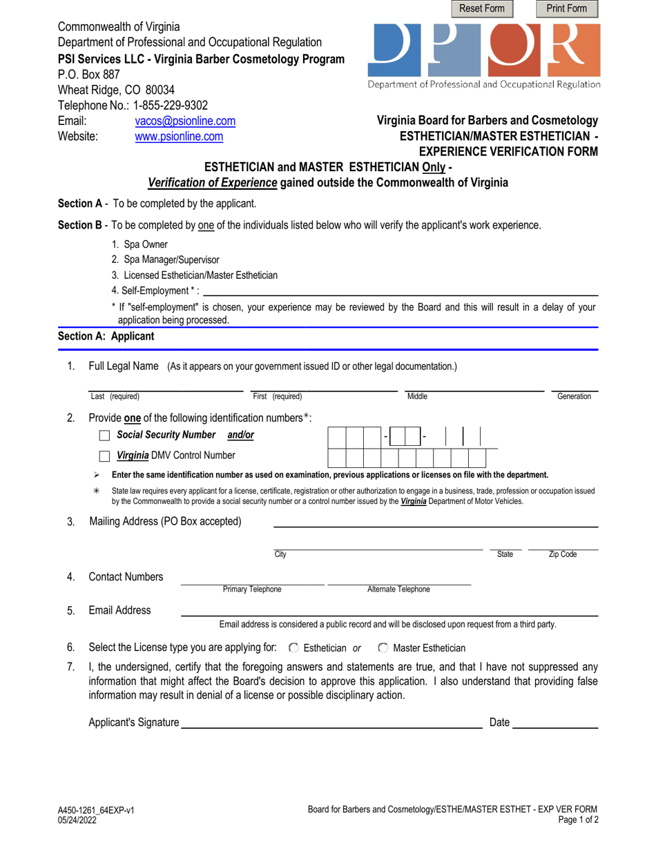Form A450-1261_64EXP Esthetician / Master Esthetician - Experience Verification Form - Virginia, Page 1