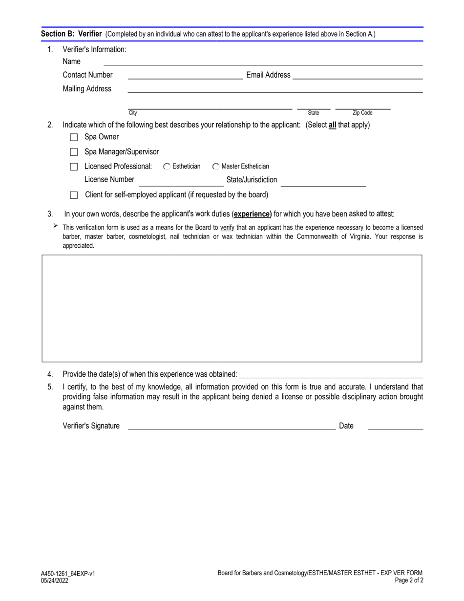 Form A450-1261_64EXP Esthetician / Master Esthetician - Experience Verification Form - Virginia, Page 2