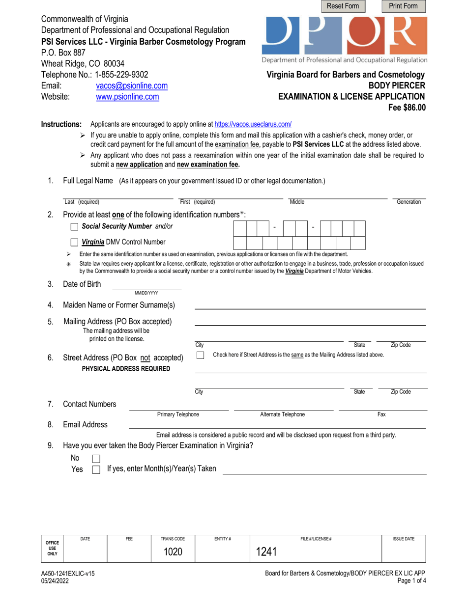 Form A450-1241EXLIC Body Piercer Examination  License Application - Virginia, Page 1