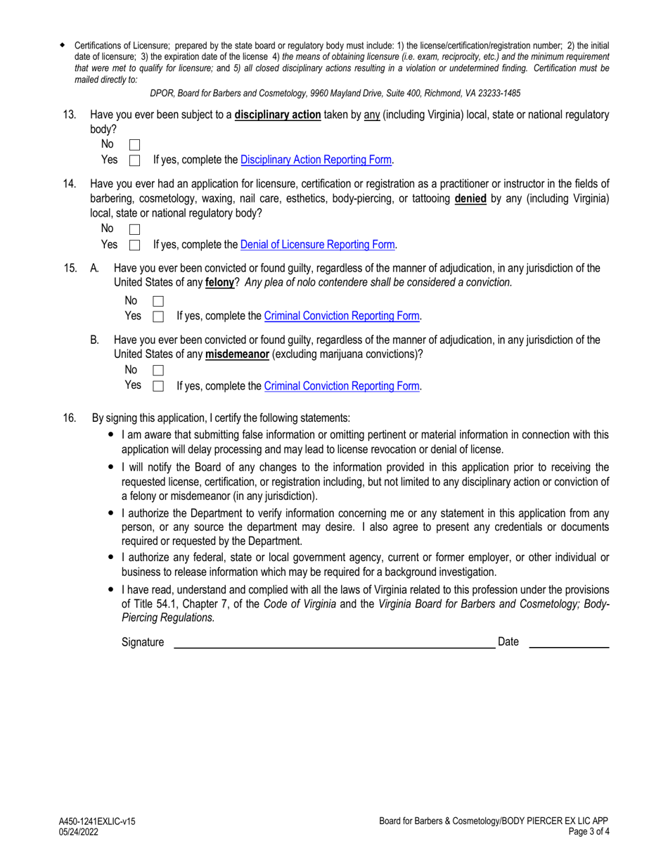 Form A450-1241EXLIC Body Piercer Examination  License Application - Virginia, Page 3