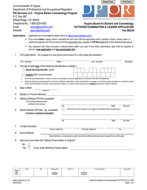 Form A450-1231EXLIC  Printable Pdf