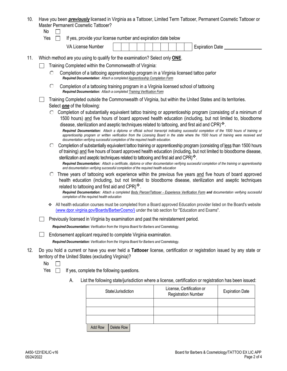 Form A450-1231EXLIC Tattooer Examination  License Application - Virginia, Page 2