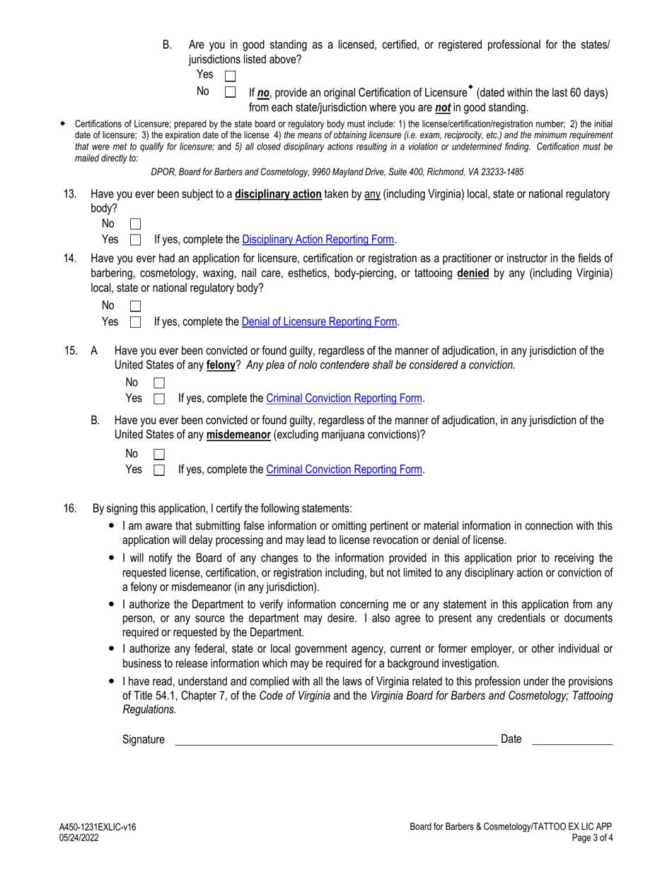 Form A450-1231EXLIC Tattooer Examination  License Application - Virginia, Page 3