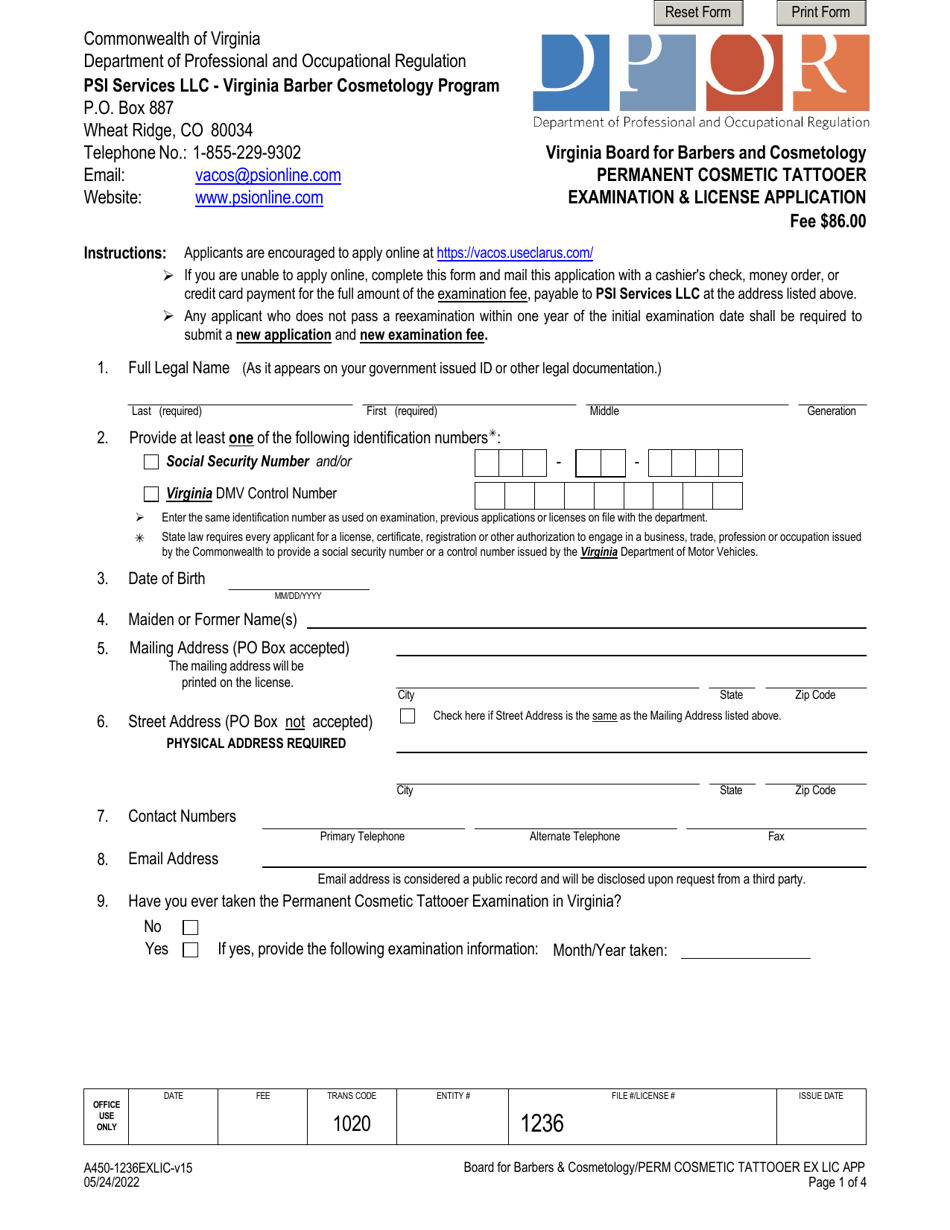 Form A450-1236EXLIC Permanent Cosmetic Tattooer Examination  License Application - Virginia, Page 1