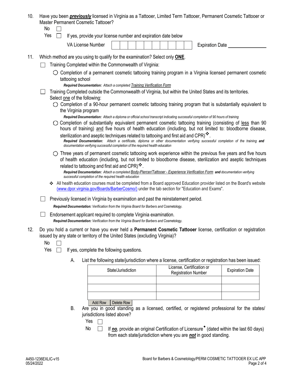 Form A450-1236EXLIC Permanent Cosmetic Tattooer Examination  License Application - Virginia, Page 2
