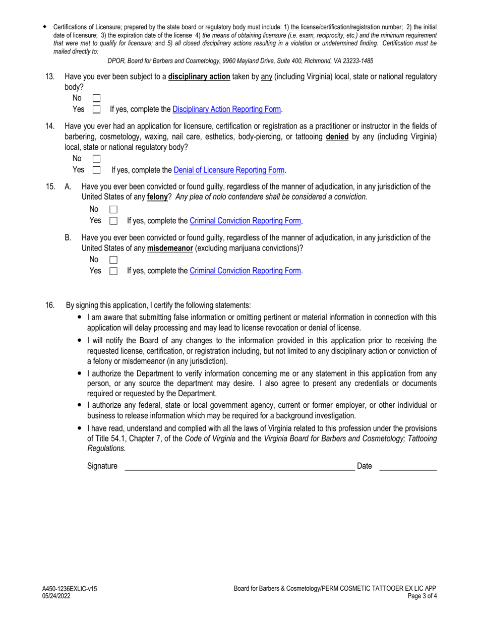 Form A450-1236EXLIC Permanent Cosmetic Tattooer Examination  License Application - Virginia, Page 3