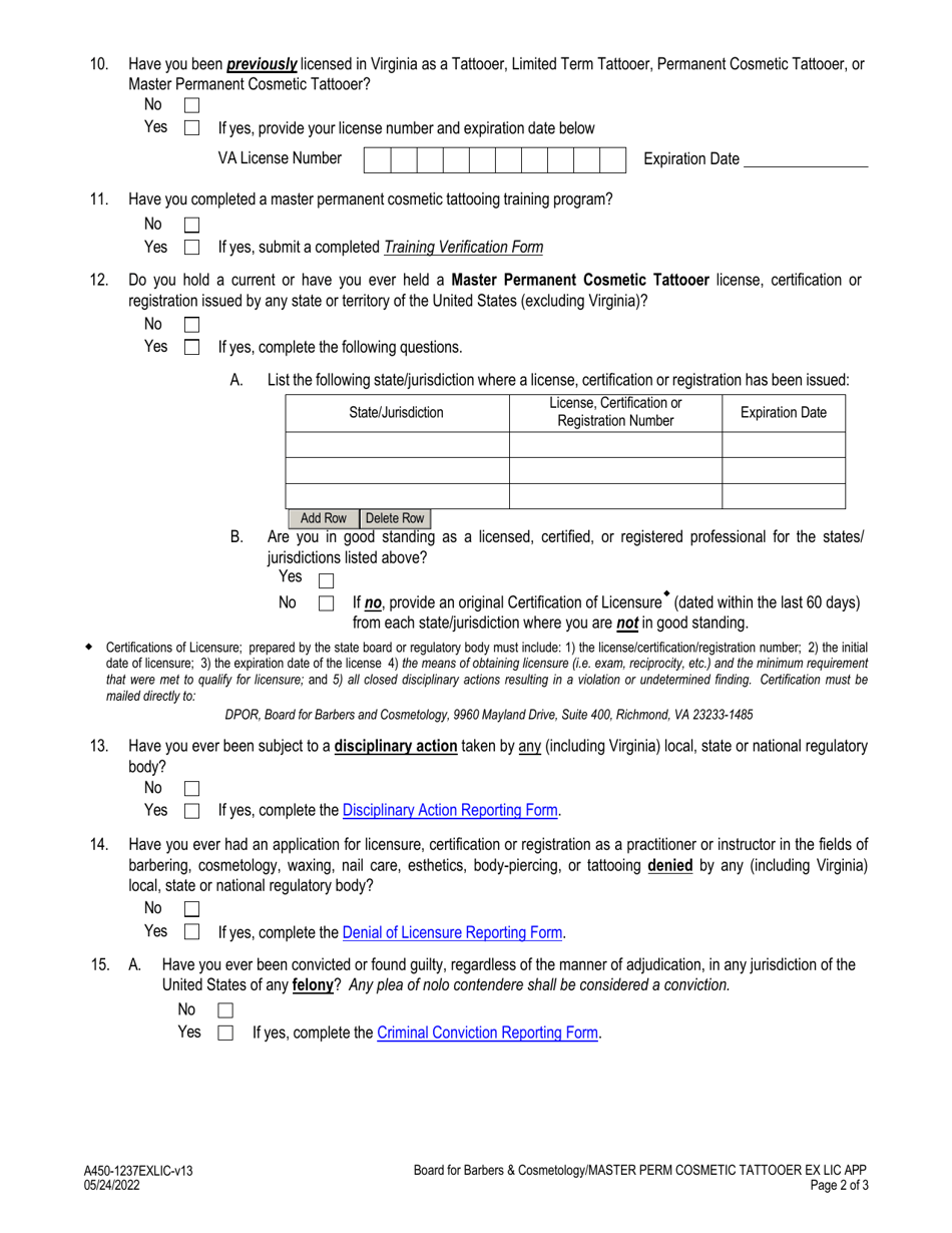 Form A450-1237EXLIC Master Permanent Cosmetic Tattooer Examination  License Application - Virginia, Page 2