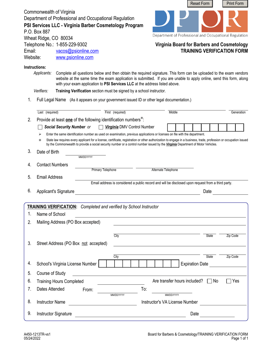 Form A450-1213TR Training Verification Form - Virginia Board for Barbers and Cosmetology - Virginia, Page 1