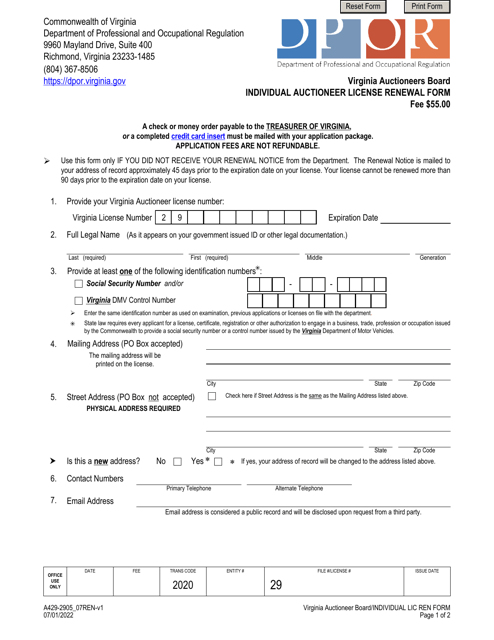Form A429-2905_07REN Individual Auctioneer License Renewal Form - Virginia