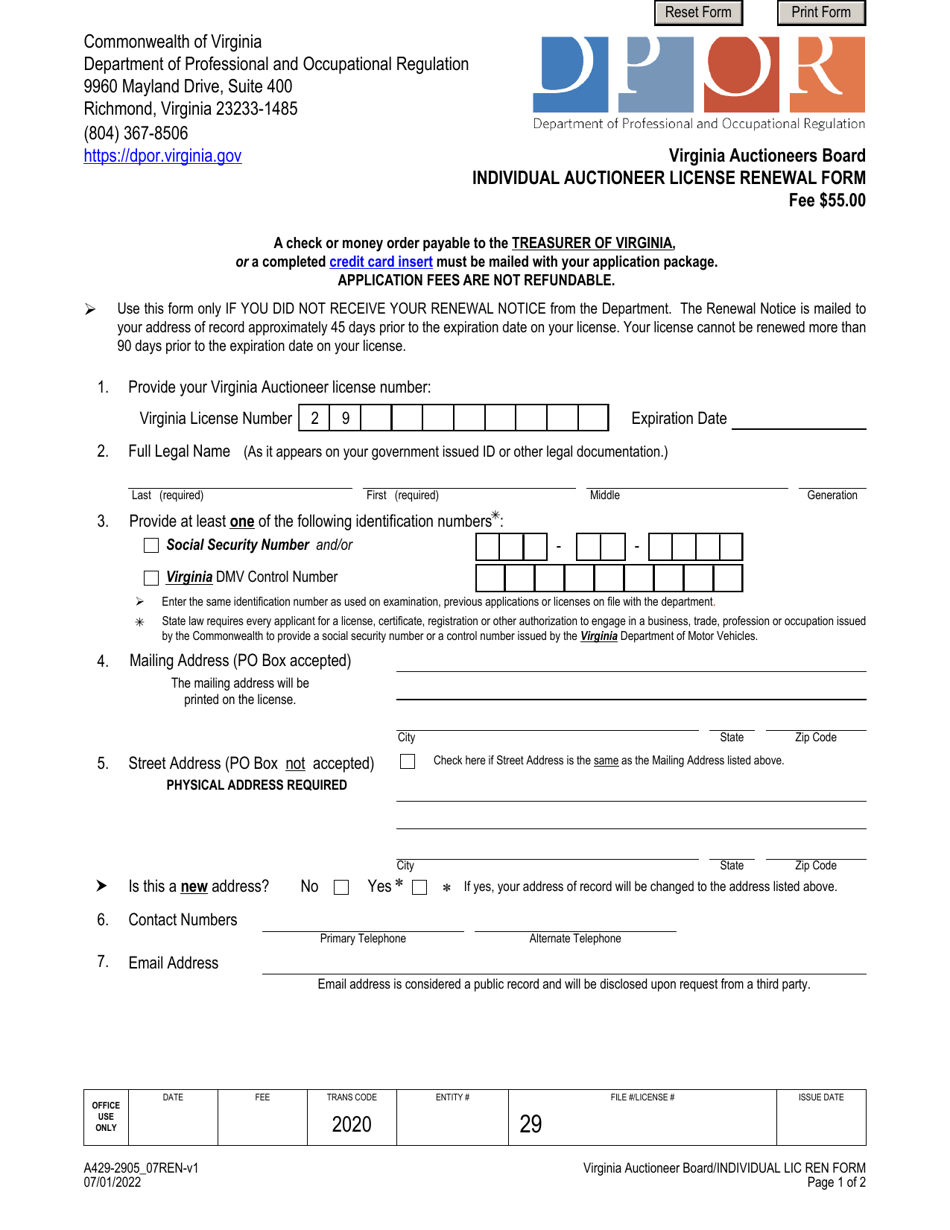 Form A429-2905_07REN Individual Auctioneer License Renewal Form - Virginia, Page 1