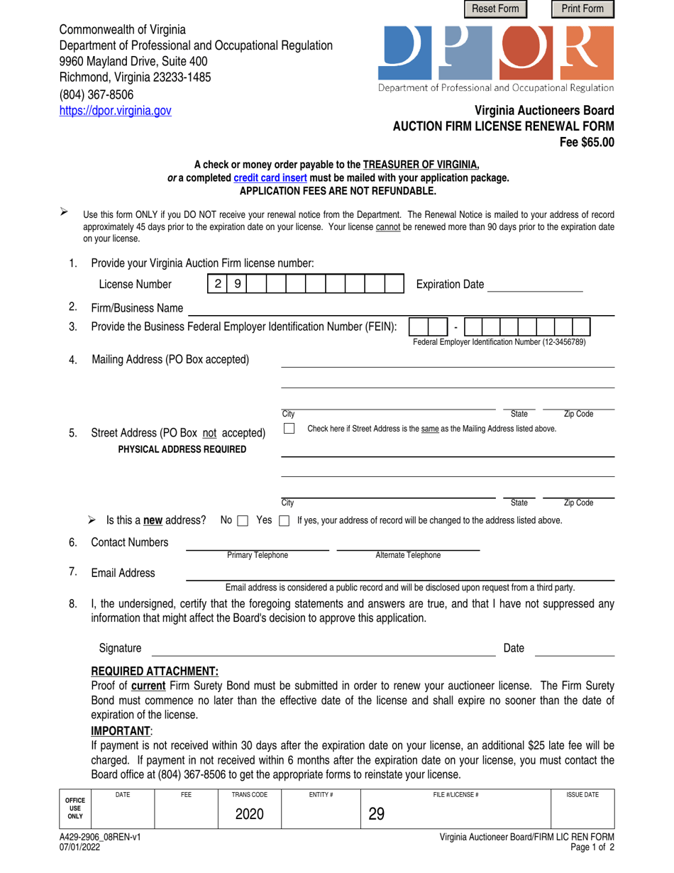 Form A429-2906_08REN Auction Firm License Renewal Form - Virginia, Page 1