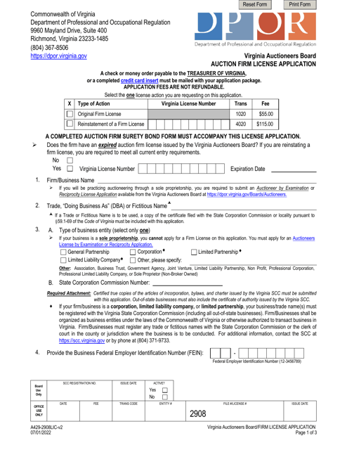 Form A429-2908LIC Auction Firm License Application - Virginia