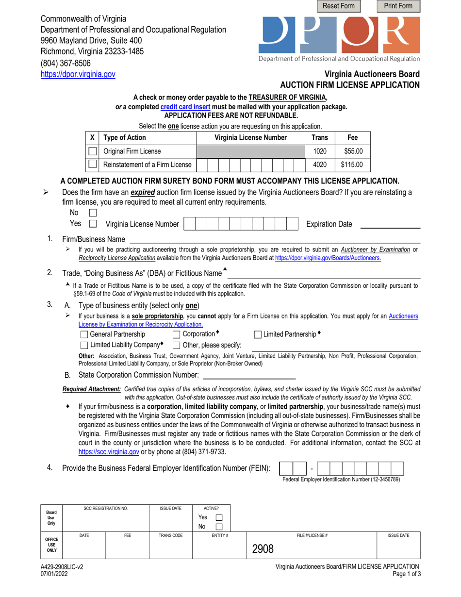 Form A429-2908LIC Auction Firm License Application - Virginia, Page 1