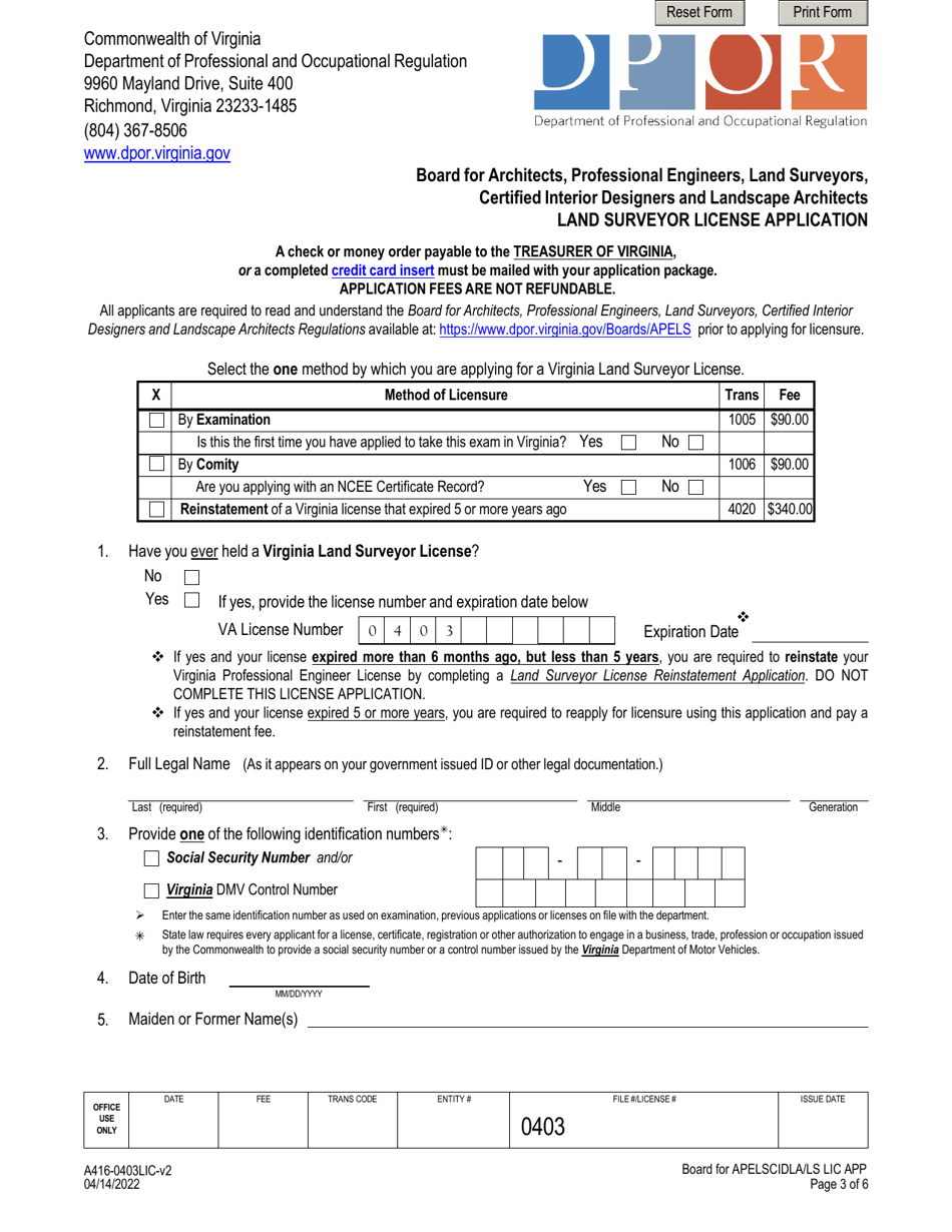 Form A416-0403LIC Land Surveyor License Application - Virginia, Page 3