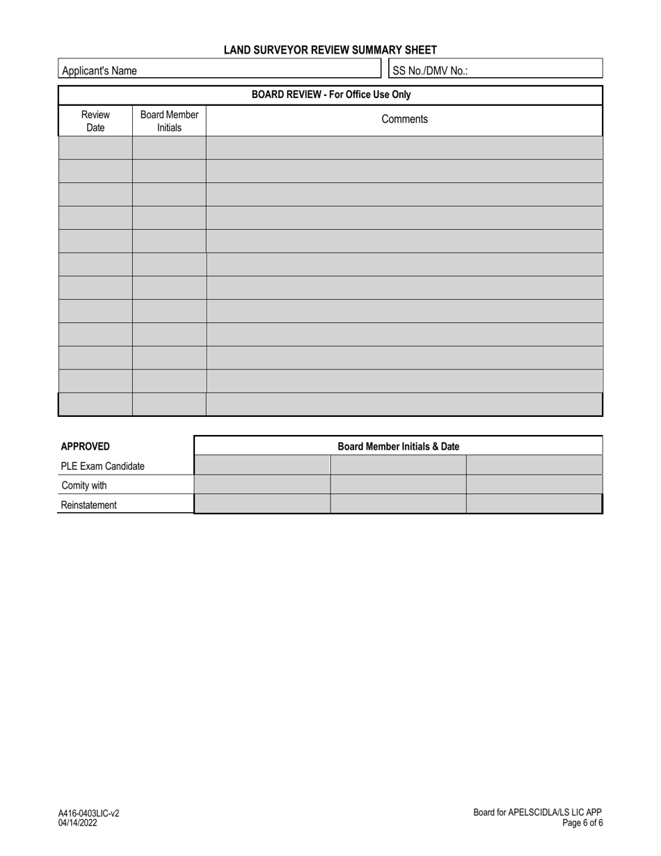 Form A416-0403LIC Land Surveyor License Application - Virginia, Page 6