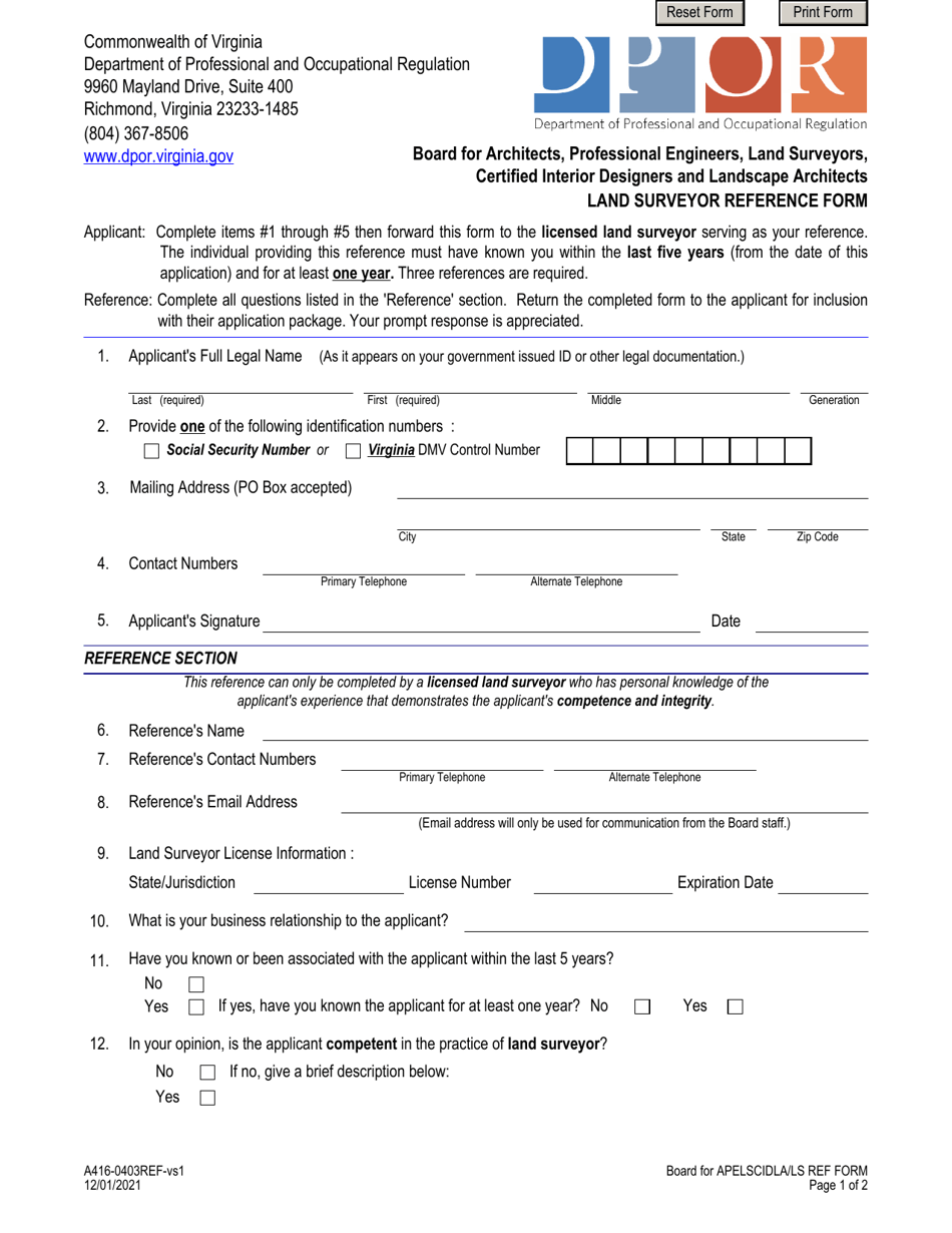 Form A416-0403REF Land Surveyor Reference Form - Virginia, Page 1